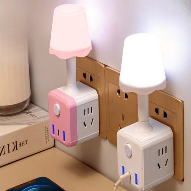 멀티탭 조명 충전기 USB 콘센트 테이블 램프 침실, 블루 삼색 램프