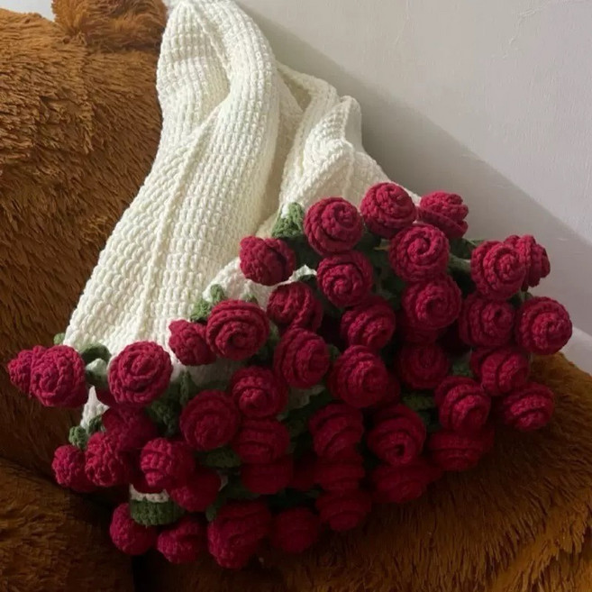 肥婆奶奶 花束毯子 diy材料包 母親節禮物 變身毛毯花束 花束杯墊 玫瑰花毯 畢業禮物 編織毯子 花束毯, 1個, 紅玫瑰花毯(材料包+教學影片), 紅玫瑰