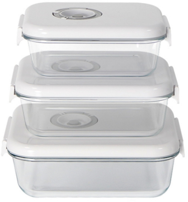 [오늘 특가]한연솔 원터치 진공 밀폐 용기 3종세트 냉동 밥 보관 유리 김치 반찬통, 1세트, 용기 3개 (펌프 없는 세트)