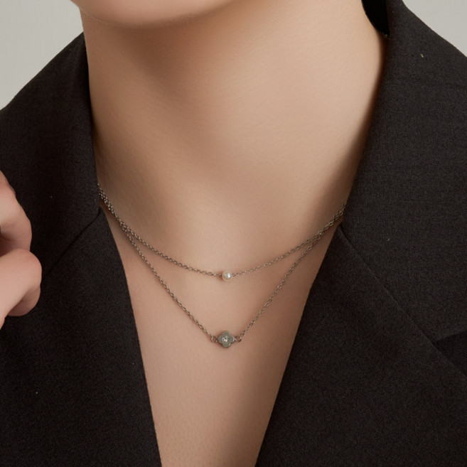 [루메] 진주 플라워 두줄 레이어드 목걸이 LMSTNN008