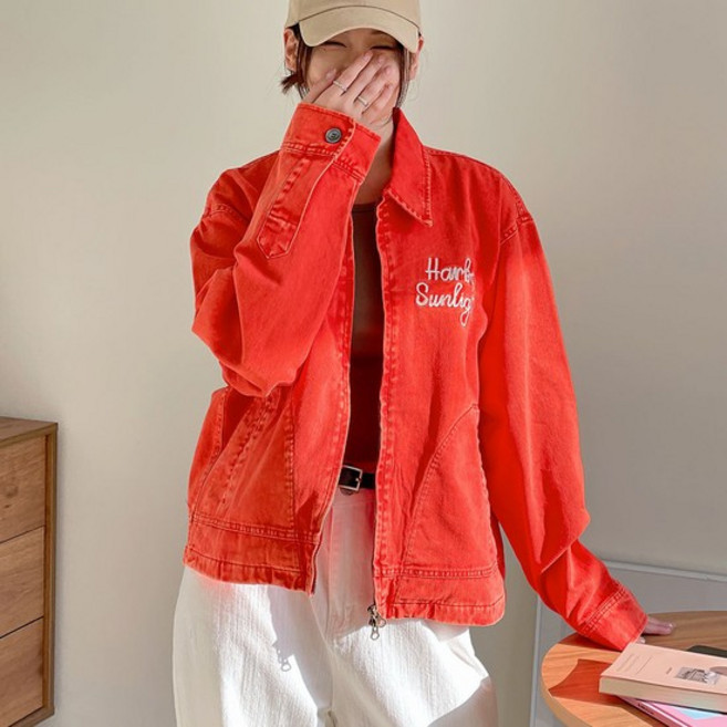 비비드 워싱코튼 카라넥 루즈핏 레터링 집업자켓