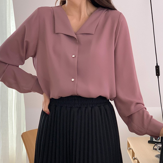 빅사이즈 단추여밈 쉬폰 카라 블라우스 데이트룩 ~5XL 자체제작 5299