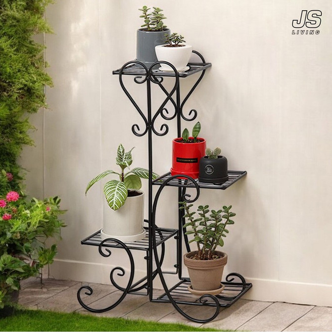 JS리빙 하트 4단 철제 화분 선반대 거실 정리대 계단식 엔틱 높은 대형 빈티지 인테리어 화분대 베란다 다육이 진열대 다이 선반 받침대 이동식 정리 스탠드 테이블 black 색상, 블랙_제니스 화분랙
