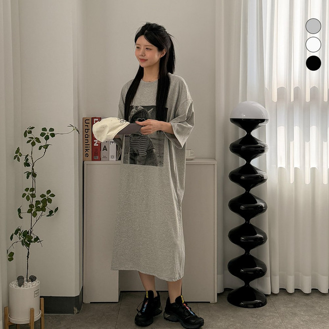 디테일웨어 여성 하트 캣 반팔 롱원피스 고양이 프린팅 면100 데일리룩 임부복 빅사이즈 여름 원피스 꾸안꾸룩