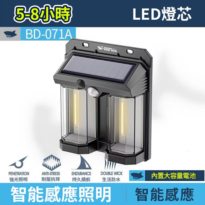 太陽能感應壁燈 暖光高亮庭院燈 LED鎢絲 高敏感應走廊壁燈, 1件, 微笑鯊 BD-071A, 微笑鯊 BD-071A