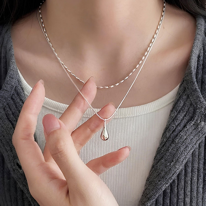 아루아 써지컬 물방울 레이어드 목걸이 실버 데일리 빈티지 심플 써지컬스틸