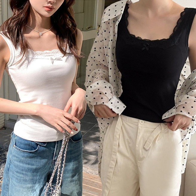 (1+1) 레이스 리본 스퀘어넥 골지 민소매 나시 티 슬리브리스 여성 이너 티셔츠