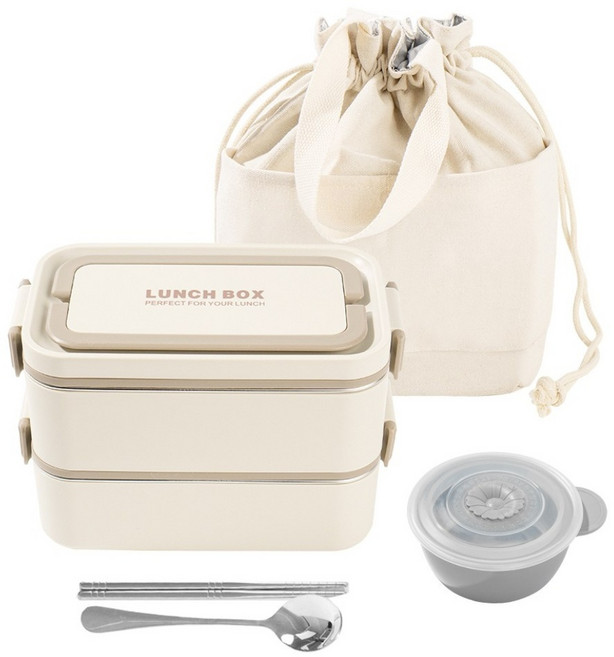 루몬 2단 스텐 도시락통 전자레인지 가방 세트, 1개, 베이지
