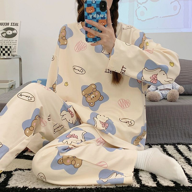 100%純棉長袖睡衣女春秋季學生可外穿家居服套裝