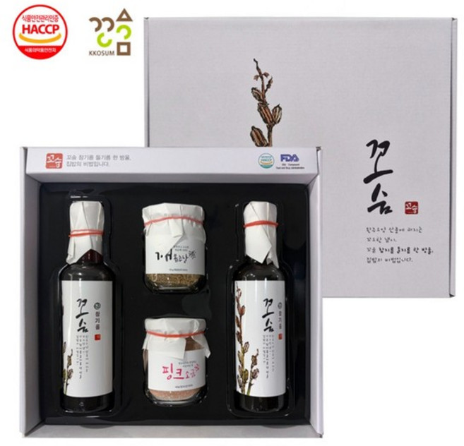[꼬숨식품] 진참기름 기프트 4종세트 (진참기름2+핑크솔트+볶음참깨)(수입산), 참기름 2병+핑크소금 1병+볶음참깨 1병