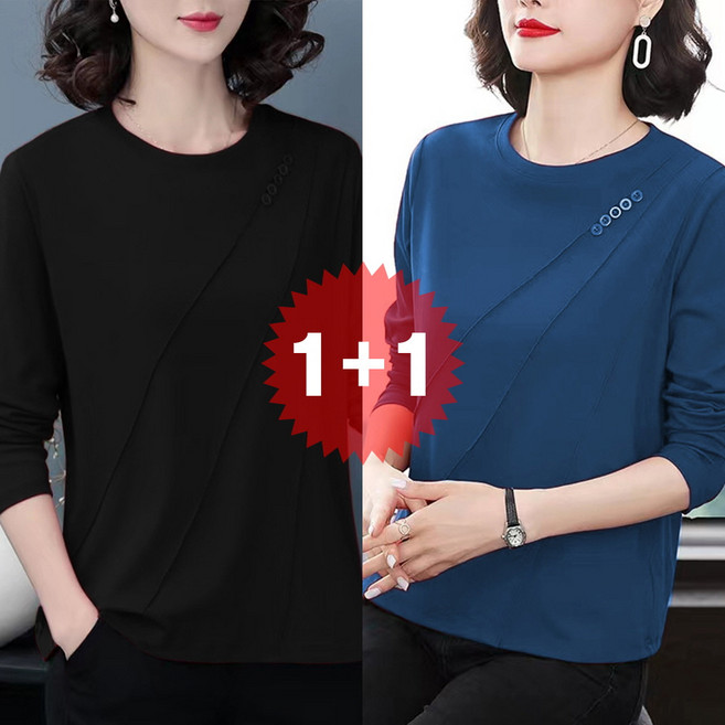 지디오 여성 긴팔 티셔츠 2개 세트 단추 라운드넥 빅사이즈 루즈핏 중년 엄마옷 봄 간절기 긴팔티 블라우스