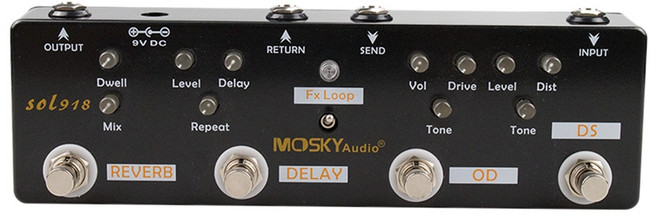 Mosky Sol918 5-in-1 기타 멀티 효과 페달 왜곡 지연 리버브 오버 드라이브 효과 페달 FX 루프 금속 쉘 True Bypass, 하나, 1개