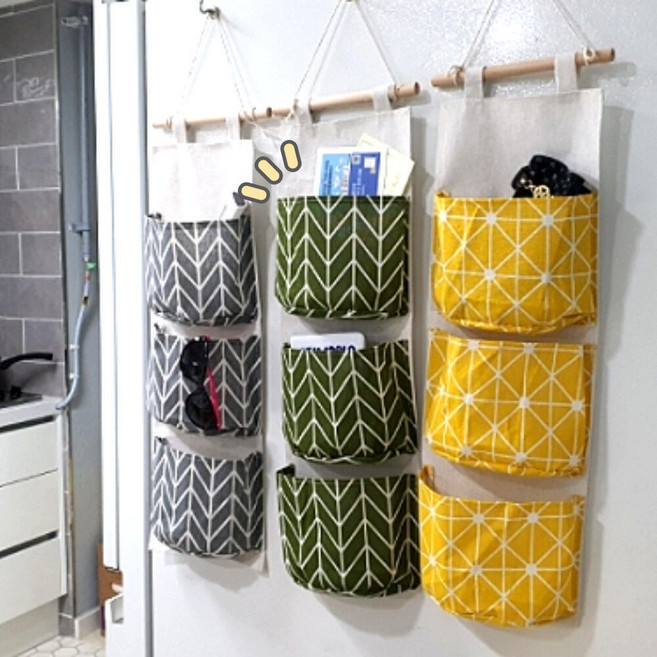 벽걸이수납포켓 패브릭 3단 주머니 다용도 월포켓 그린