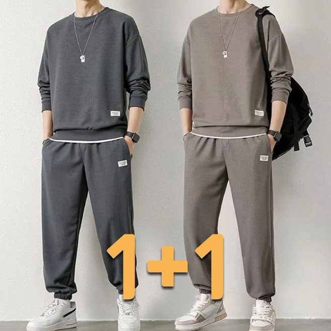 1+1 남녀공용 긴팔 트레이닝복세트 라운드 맨투맨+와이드 밴딩 긴바지 투피스 심플 베이직 캐주얼 루즈핏 데일리복 운동복 커플룩 빅사이즈