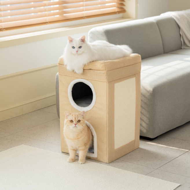 고양이 3층 숨숨집 하우스 특대형 스크래쳐 숨숨집 대형 고양이집, 1개, 베이지