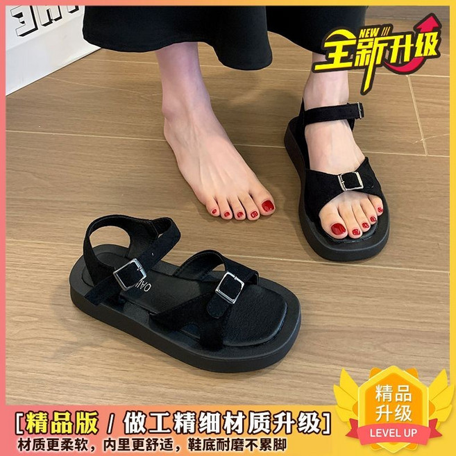 時尚百搭厚底涼鞋女，一字式扣帶露趾羅馬涼鞋, 黑色【升級版】,37