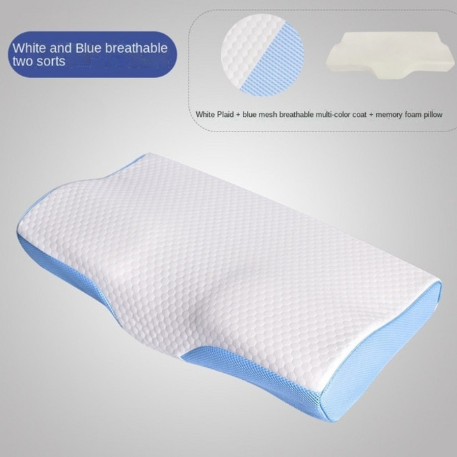 메모리 폼 베개 60x35cm 느린 리바운드 소프트 슬리핑 마사지 목 나비 모양의 성인용 자궁 경부 휴식, 02 White-blue_02 60x35cm, 1개