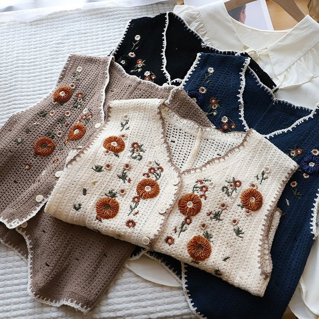 애니파니 가을 모리걸룩 레이어드 빈티지 플라워 뜨개 니트 조끼