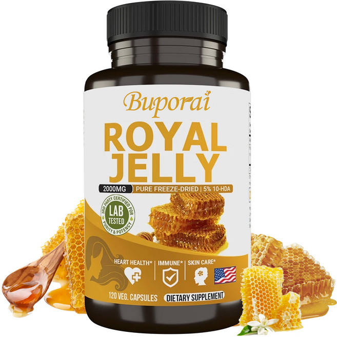 로열젤리 2000mg - 5% 10-HDA 함유 순수하고 신선한 비유전자변형 동결건조 벌꿀 로열젤리 - 면역력 활력 피부 관리 지구력 증진을 위한 유기농 콜라겐 보충제, 3개, 120정