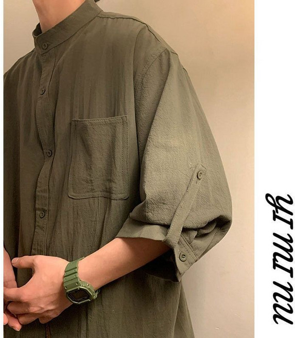 男士無領襯衫 七八分袖 夏季棉麻國風外套