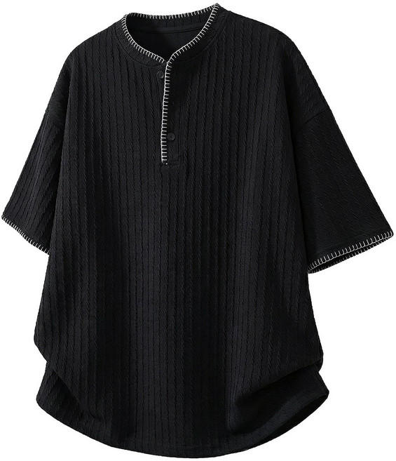 【復古透氣】亨利領T恤 短袖T恤 男式T恤 針織T恤 休閒T恤 美式復古 撞色手縫線 透氣薄款 夏季日常穿搭