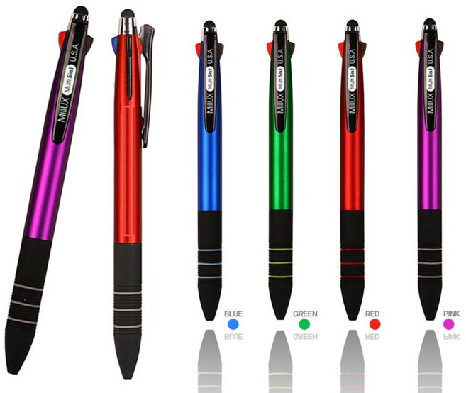 밀룩스 다기능 멀티 펑션 5in1 볼펜 삼색 + 샤프 + 터치펜 = 올인원 겸용 고급 사무용 선물용 샤프 펜슬 터치펜 _ 볼펜 하나에 다섯가지 기능, 4개, 골고루(빨강 분홍 파랑 초록 각각 1개씩)