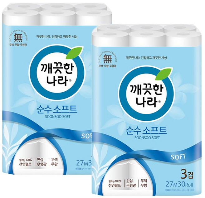 깨끗한나라 순수 소프트 천연펄프 3겹 화장지, 27m, 30롤, 2개