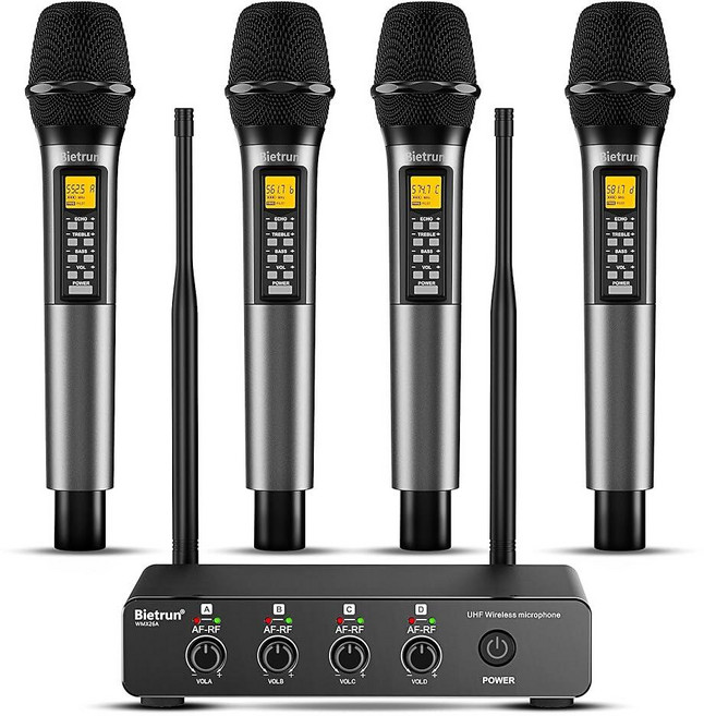 Bietrun 4채널 무선 마이크(에코/트레블/베이스 포함) 160피트 UHF 범위 4 XLR+1/4인치 출력 결혼식 교회 노래방 노래 DJ(자동 연결)를 위한 메탈, 4 4-channel wireless microphon, Echo가 있는 4채널 무선 마이크