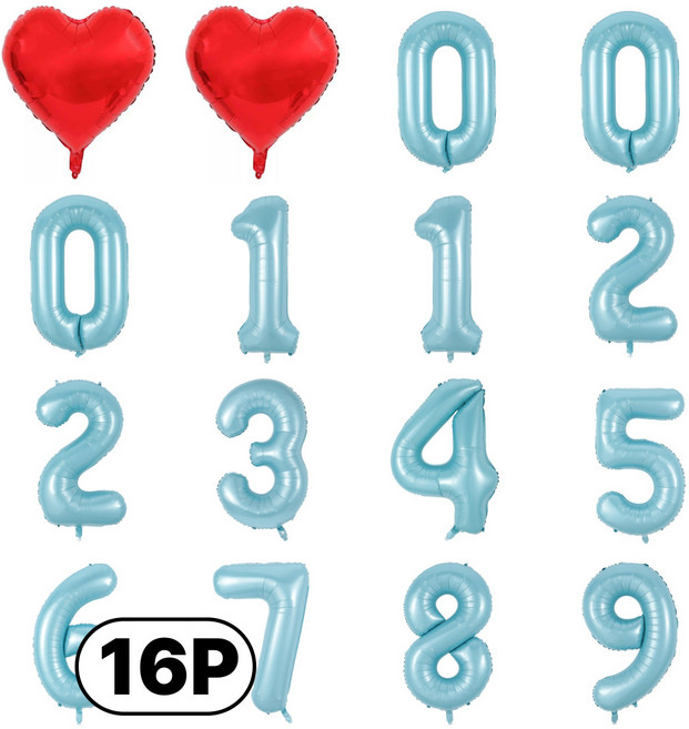 스마일파티 미니 소형 은박 숫자 번호 풍선 16P 하트 새해 생일 기념일, 1세트, 캔디블루16P