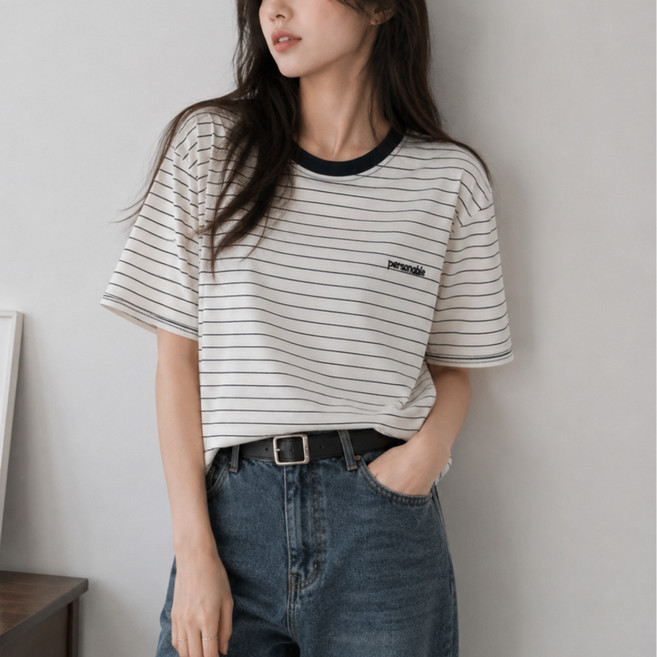 이노뱅크 RB3050 레터링 시원한 스트라이프 단가라 데일리 루즈핏 반팔티셔츠
