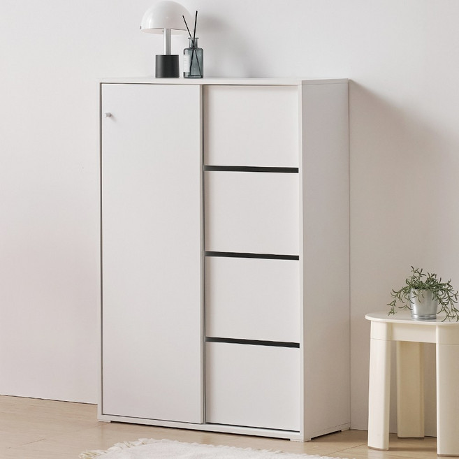 퍼니하우스 미니멀 E0 슬림 다용도 미닫이 수납장 800 4단 서랍, 화이트