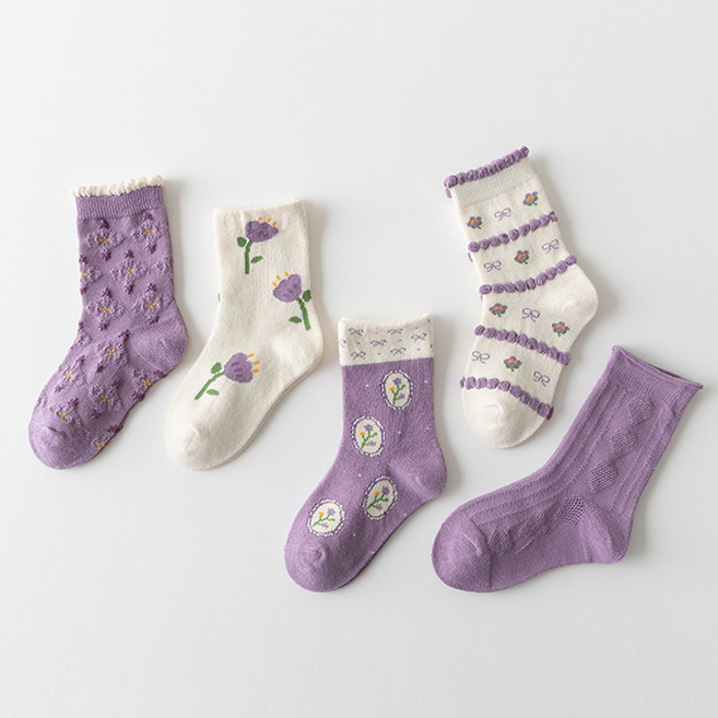 슈가앤 여아용 NE 플라워 양말 5켤레 세트 유아 아동 초등 양말