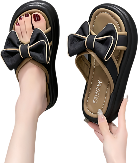 Makone 여성 통굽 슬리퍼 키높이 리본 샌들 여름 발편한 푹신한 쿠션 슬리퍼