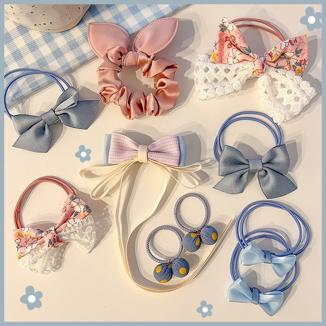 兒童蝴蝶結髮圈女童寶寶可愛頭飾小女孩不傷發皮筋扎頭髮頭繩髮飾1041J藍粉混色10件套(發繩)默認顏色