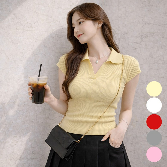 VERIT 세미 반팔 골지 티셔츠 무지 나시 캡 슬림핏 카라 브이넥 티 VT911