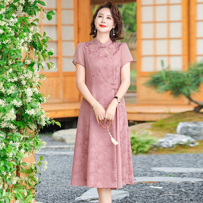 DFMEI 中年媽媽夏裝短袖連衣裙改良旗袍新款中老年女夏季新中式國風裙子