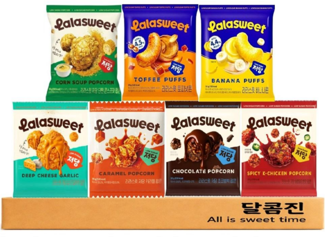 [달콤진] 라라스윗 7종 저당 단짠 콘스프맛 + 토피넛콘 + 바나나콘 + 딥치즈갈릭맛 + 카라멜 + 초코범벅 + 매콤닭강정 팝콘, 1세트, 234g