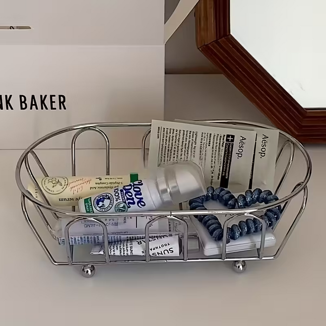 다용도 화장품 간식 잡화 정리 철제 수납 바구니, 1개, 실버