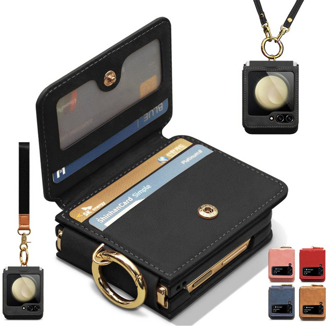 Z플립 7 6 5 4 3 손목 어깨 스트랩 핑거 링 카드3장 수납 힌지보호 지갑형 갤럭시 제트 플립 카드 수납 PU 가죽 폰케이스 휴대폰 정품 삼성 핸드폰 케이스 제이콥스타일