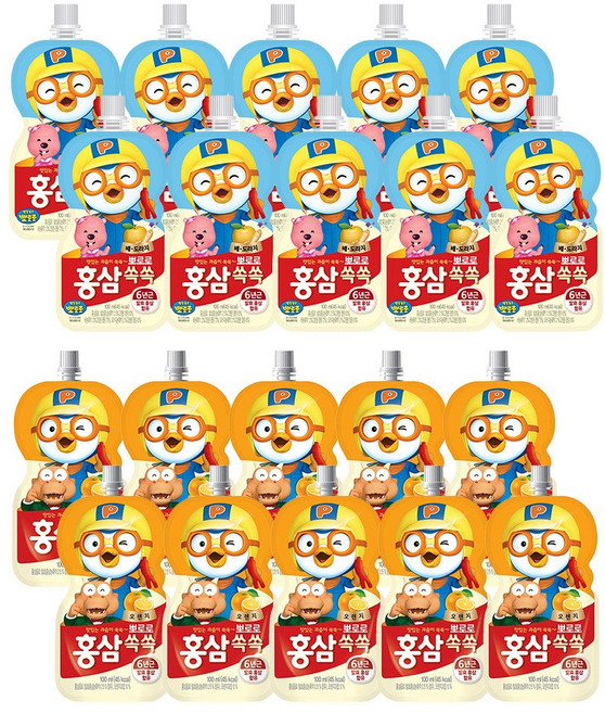 팔도 홍삼쏙쏙 4종 20개 배도라지 오렌지 포도 블루베리 사과 매실 어린이 아기 홍삼 음료 주스, 홍삼쏙쏙 배도라지 10개 + 오렌지 10개, 100ml