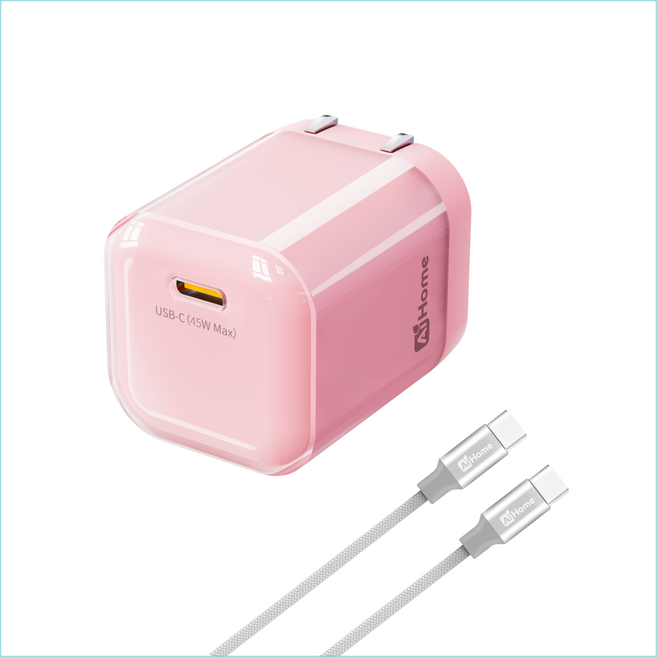 【小冰塊】45W氮化鎵快充組 支援iPhone 16 Pro Max/Android GaN迷你PD充電器, 1套, 快充頭+1米快充線C轉C, 粉色