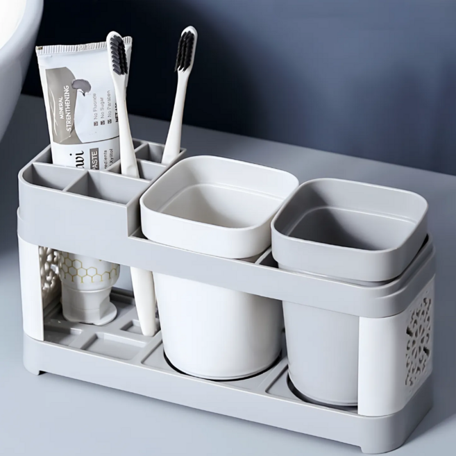 탈론나인 분리수납 통풍건조 칫솔 세면도구 정리세트 칫솔 홀더, 1개, 화이트그레이+더블컵