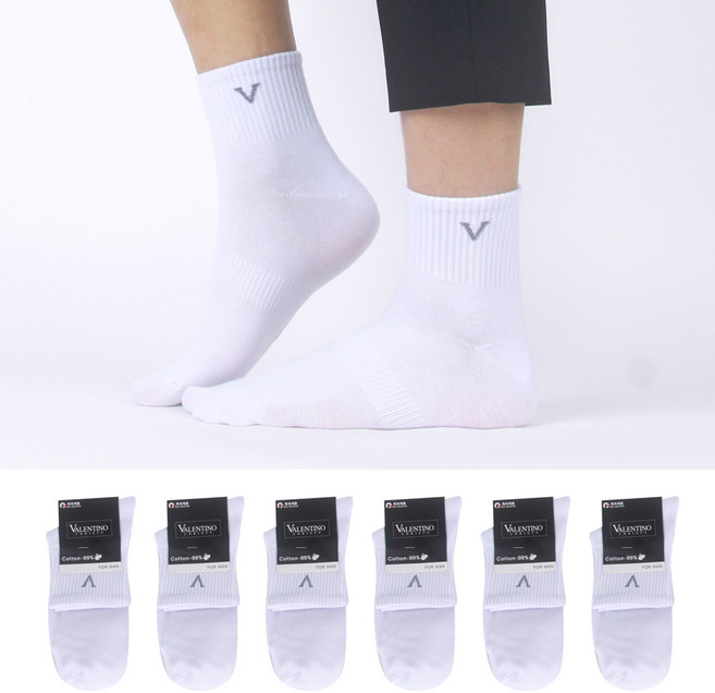발렌티노 남성 면100 야외 활동에 적합하고 땀흡수가 빠른 캐쥬얼 무지 중목 양말_6족