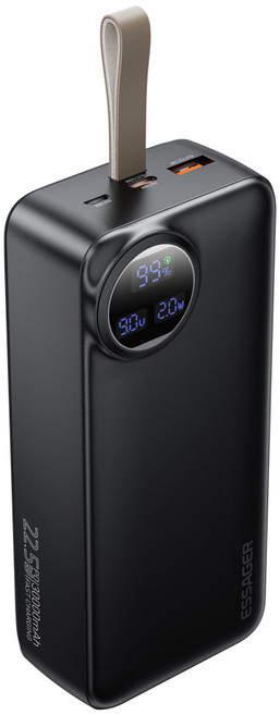 Essager PD 22.5W QC3.0 초고속충전 대용량 케이블 일체형 보조배터리, 블랙, 30000mAh