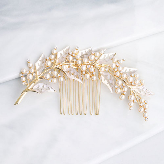 여성 웨딩 혼주 머리장식 진주 메탈 골드 나뭇잎 뒤꽂이 헤어 코사지 H137