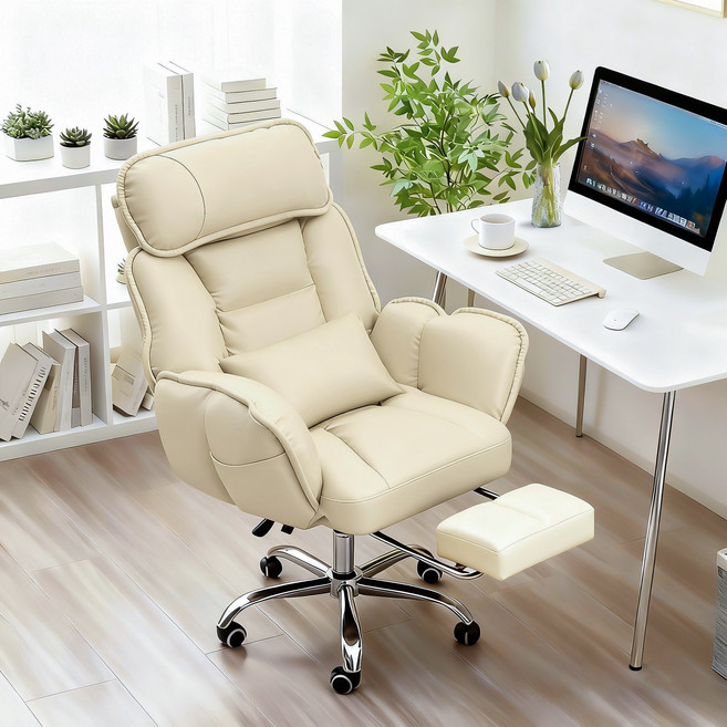 메이든 리클라이너 컴퓨터 사무용 의자 중역의자 편한 슬리핑 의자 커스텀체어 발판 의자 팔걸이 등받이 5단 조절 쿠션증정, 바닐라