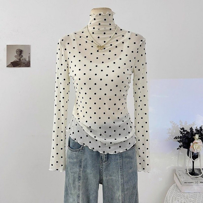 ROYALBELLE 여성 도트 패턴 시스루 메쉬 하이넥 슬림핏 얇은 긴팔 티셔츠 S020206