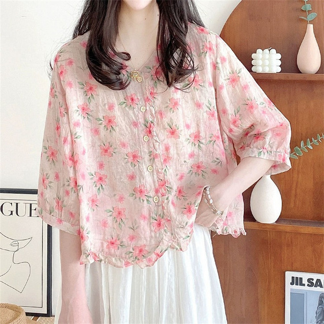 besteffie 하객룩블라우스 여성용 봄 여름 꽃무늬 린넨 블라우스 셔츠 귀여운 버튼 디자인 캐주얼 스타일 E55