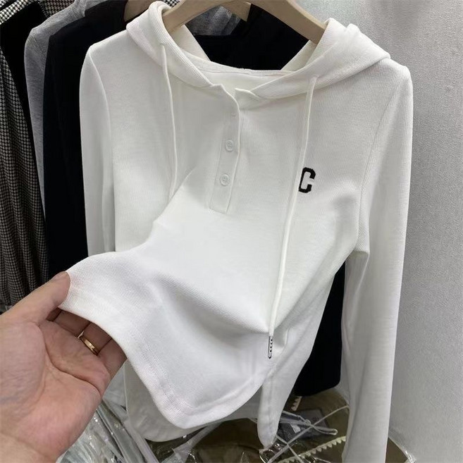 TKX 여성용 기본 후드티셔츠 봄가을 버튼 장식 면 이너티 심플한 코튼 데일리룩