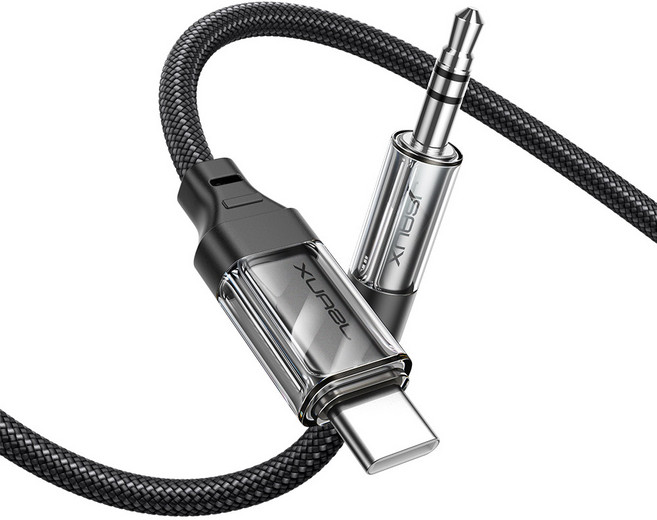 JSAUX 오디오 C타입 to AUX 투명 케이블 차량용 3.5mm 옥스선, 블랙, 1개, 1m